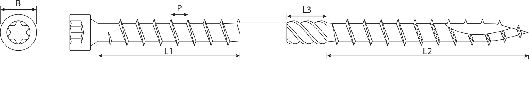 Technical drawing — Wood Insulation Screws — TX Cylinder Head with Serration and Double Thread, Toothed Point
