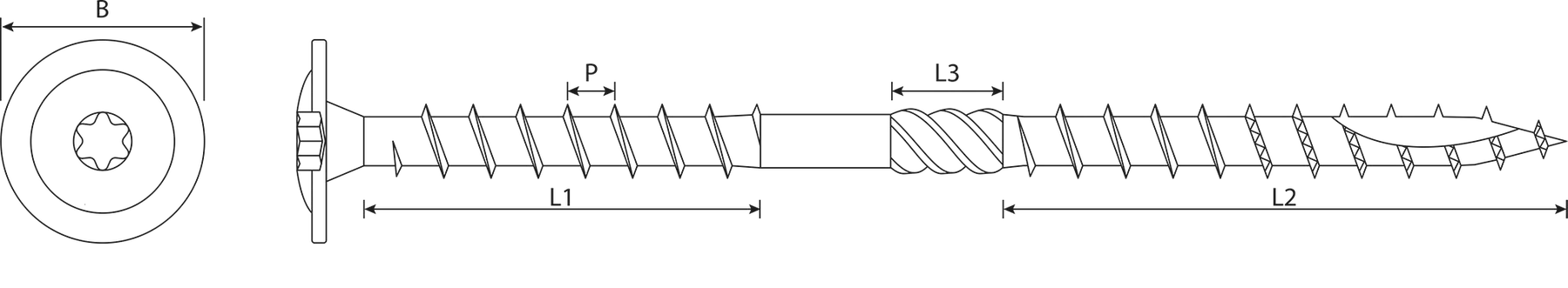 Technical drawing — Wood Insulation Screws — TX Wafer Head with Serration and Double Thread, Toothed Point