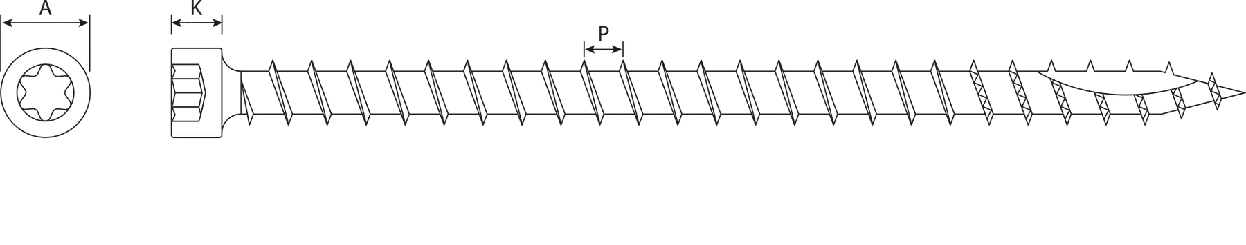 Technical drawing — Wood Screws — TX Cylinder Head, Full Thread and Toothed Point