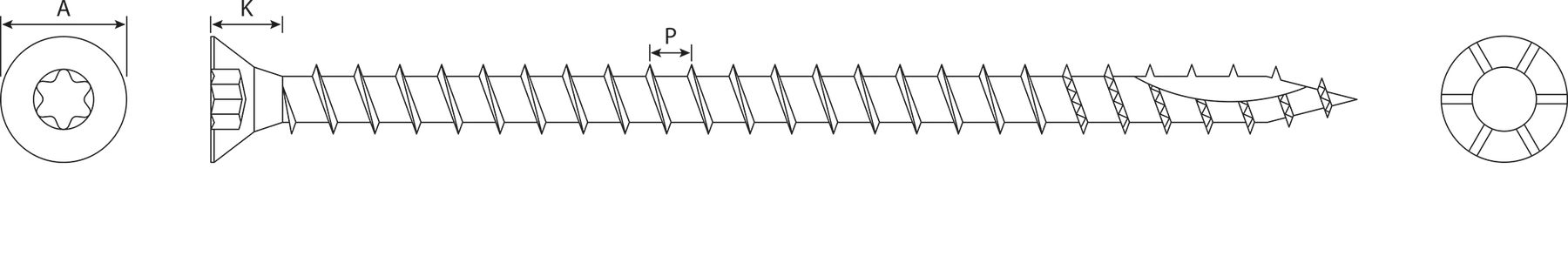 Technical drawing — Wood Screws — TX Flat Head, Full Thread and Toothed Point