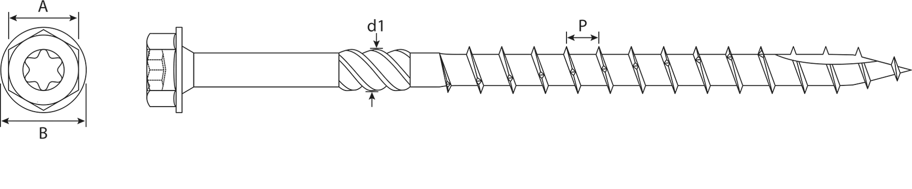 Technical drawing — Wood Screws — TX Hexagon Washer Head with Serration