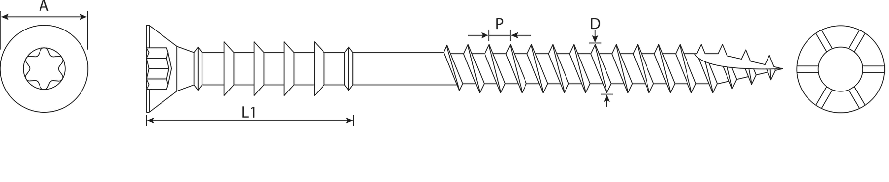 Technical drawing — Wood Spacer Screws — TX Flat Head with Ribs and Two Different Threads