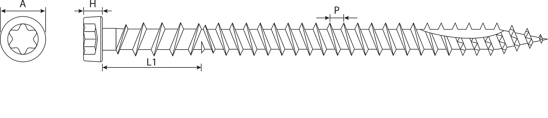 Technical drawing — Wood Terrace Screws — TX Trim Conical Head, Toothed Point Type 17